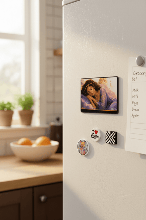 Sleeping Beauty art magnet displayed on a white refrigerator door in a cozy kitchen setting