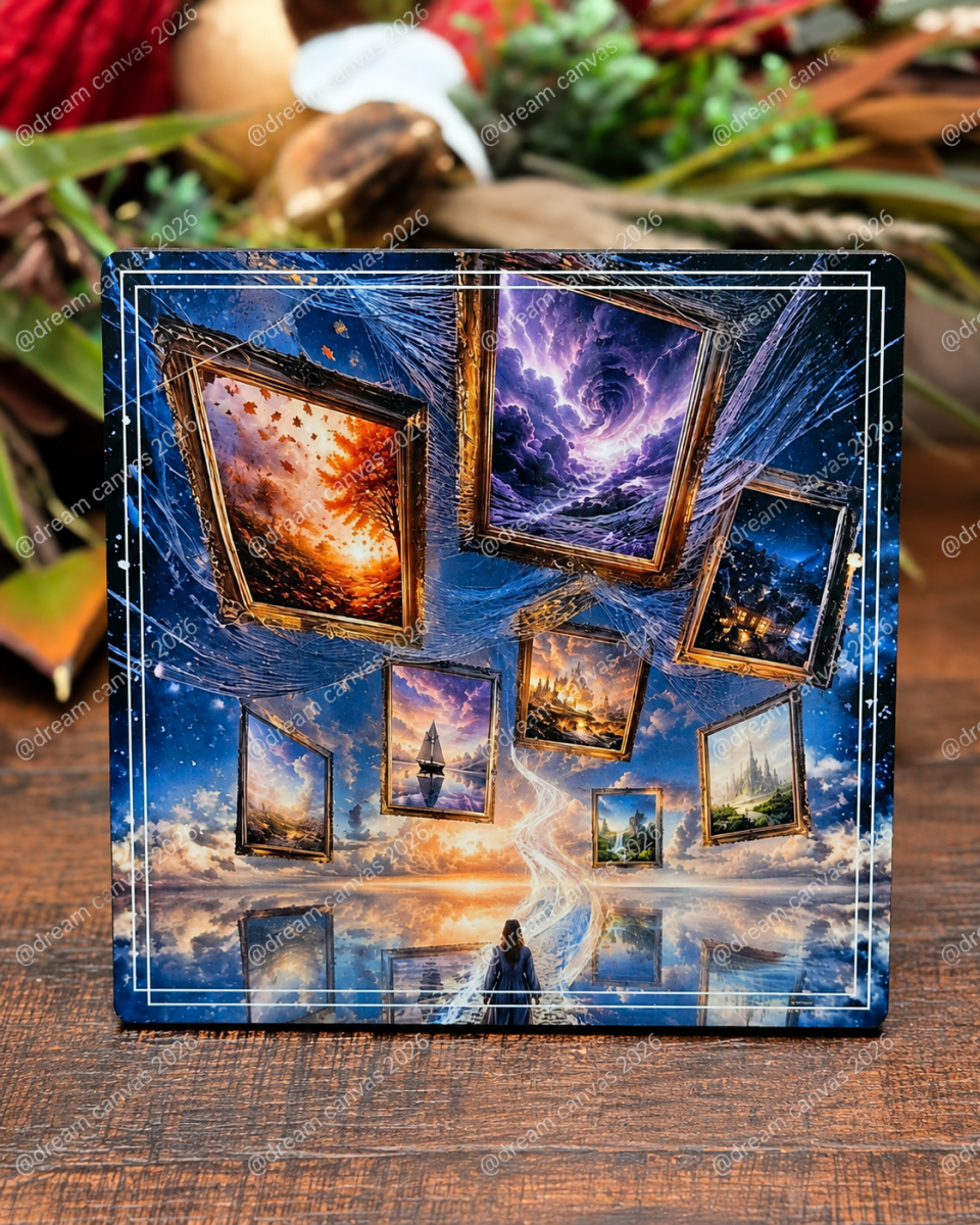 Front view of a 5×5 Dream Canvas ChromaLuxe desktop plaque with glossy cosmic landscape artwork