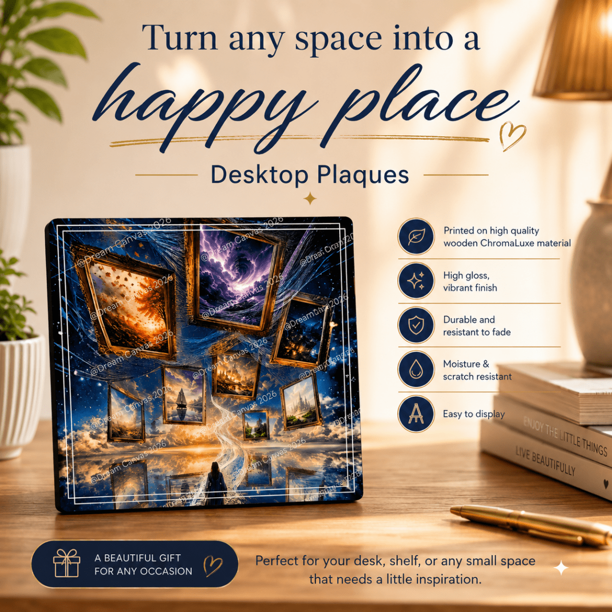 Dream Canvas 5×5 wooden desktop art plaques with glossy cosmic and landscape artwork