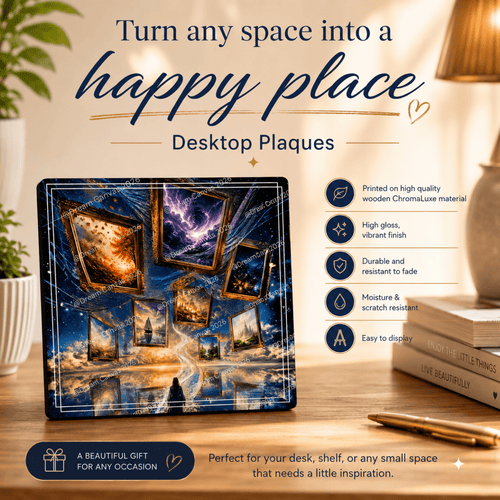 Dream Canvas 5×5 wooden desktop art plaques with glossy cosmic and landscape artwork