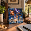 5×5 Dream Canvas ChromaLuxe desktop art plaque with glossy cosmic landscape artwork displayed on an office desk