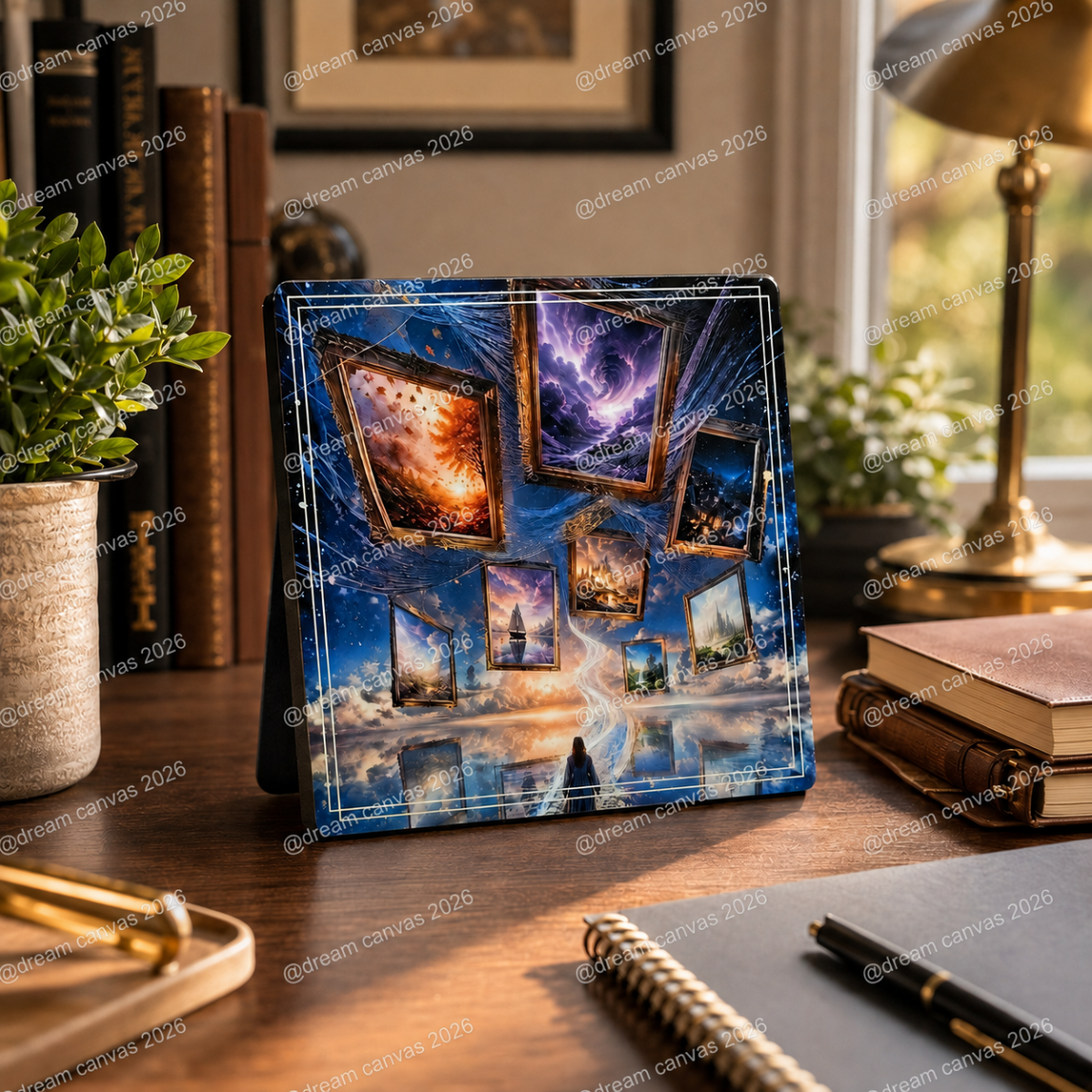 5×5 Dream Canvas ChromaLuxe desktop art plaque with glossy cosmic landscape artwork displayed on an office desk