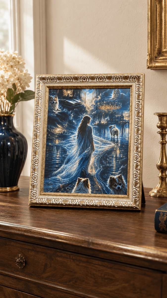 Framed Searching for Her Beloved Dog artwork displayed on an elegant wooden table