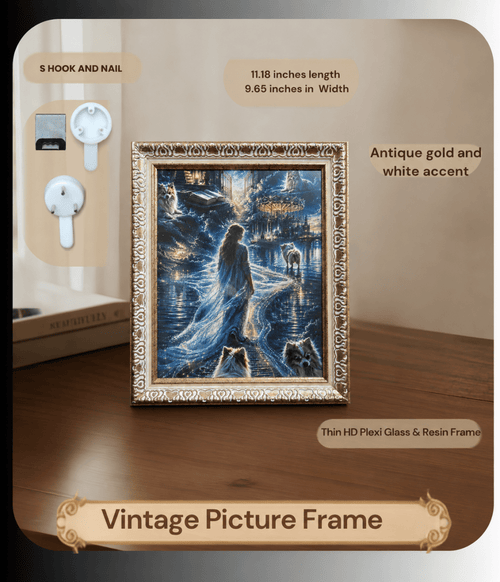 Vintage frame information showing the complete antique gold and white frame with the woman and dog artwork, S hook, nail, and dimensions