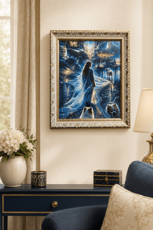 Framed Searching for Her Beloved Dog artwork displayed on an elegant ivory wall