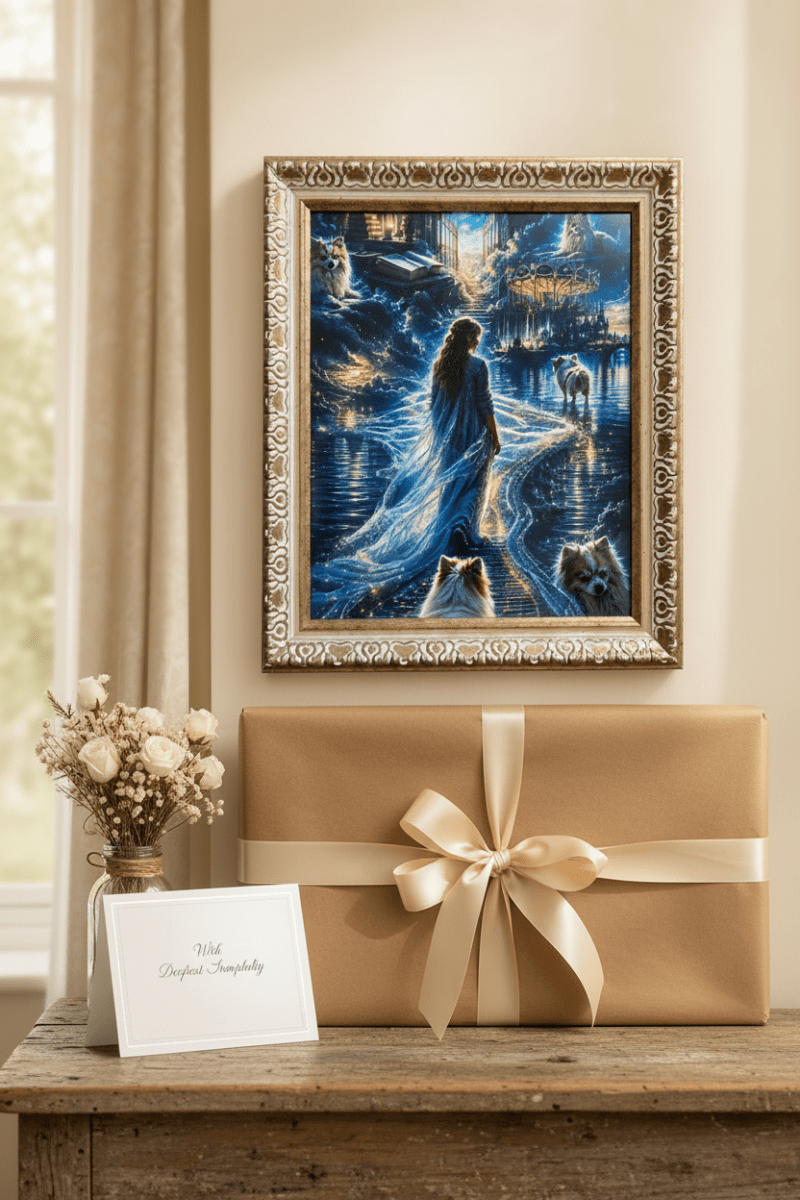 Forever Searching framed art print wrapped as a gift with sympathy card and dried white flowers
