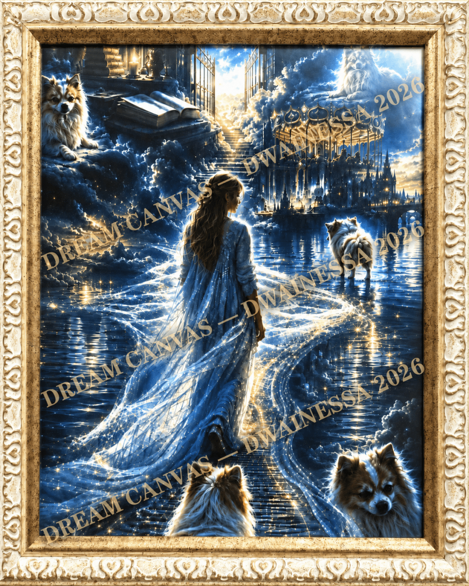 Watermarked close-up of the woman and dog dream artwork in an antique gold and white frame