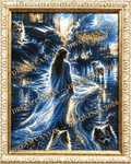 Watermarked close-up of the woman and dog dream artwork in an antique gold and white frame
