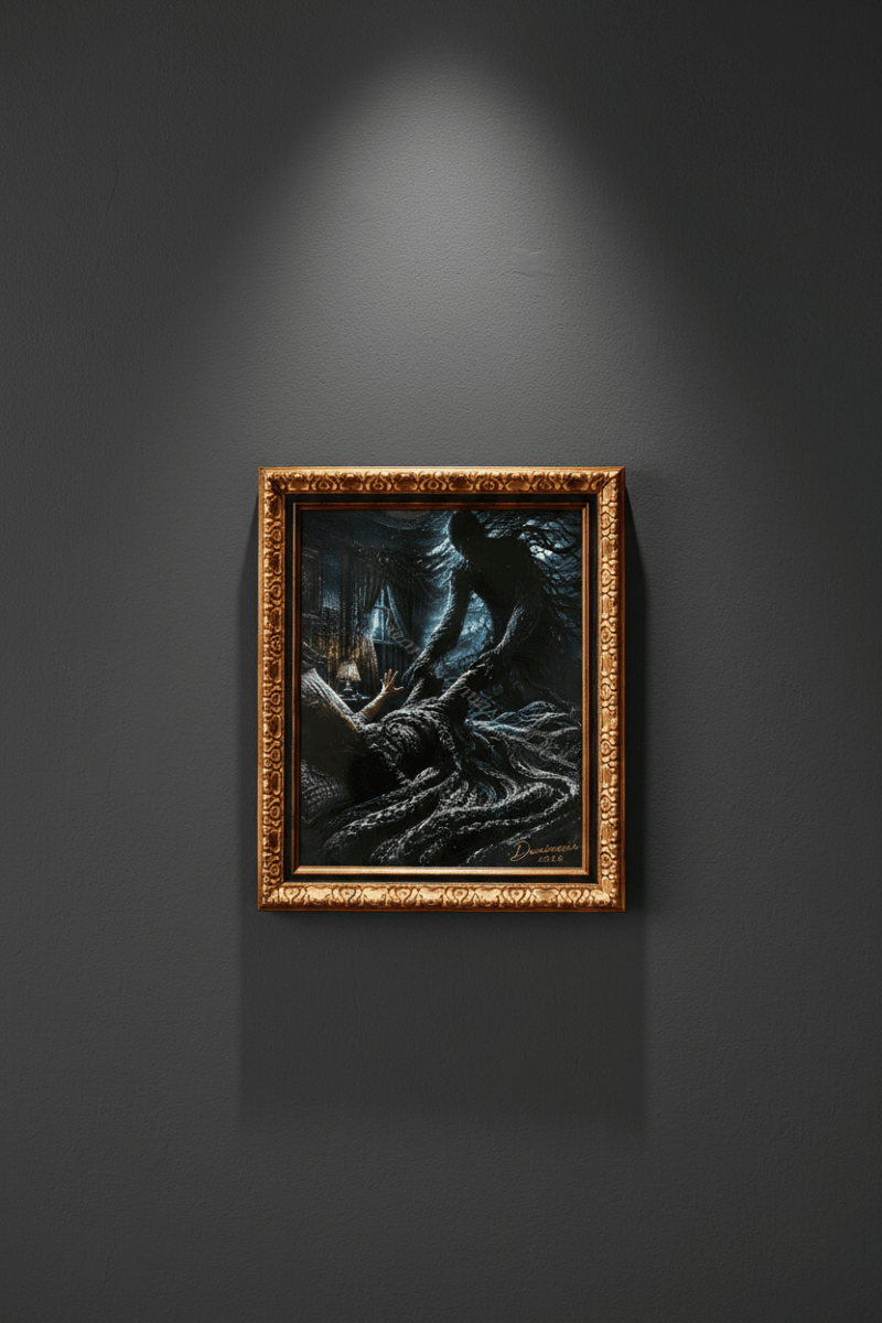 No Dreams Are Perfect antique gold framed art print displayed on a dark charcoal wall with spotlight lighting