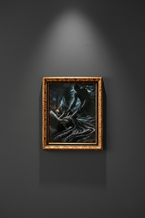 No Dreams Are Perfect antique gold framed art print displayed on a dark charcoal wall with spotlight lighting
