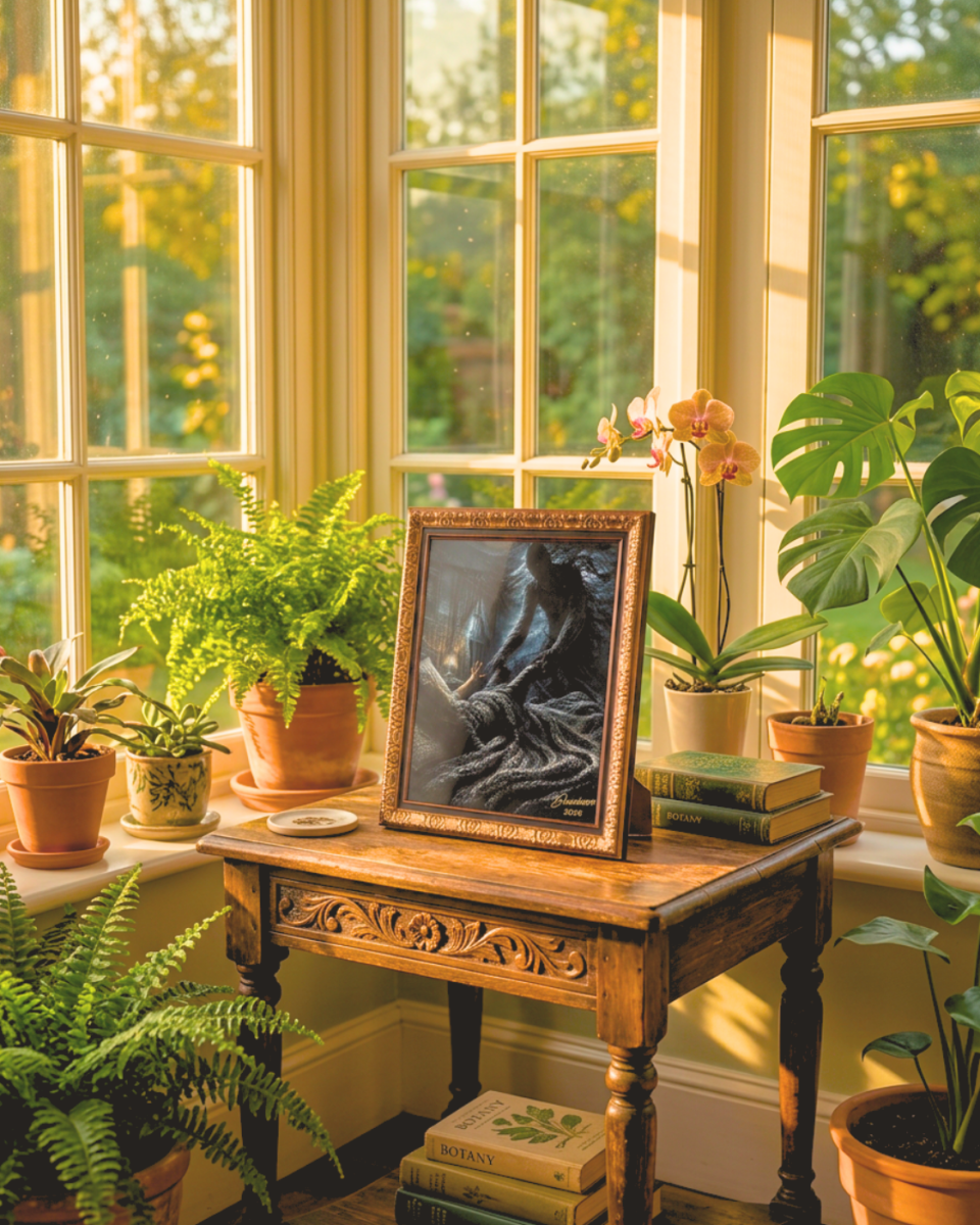 No Dreams Are Perfect framed art displayed on an antique table in a sunlit room with plants