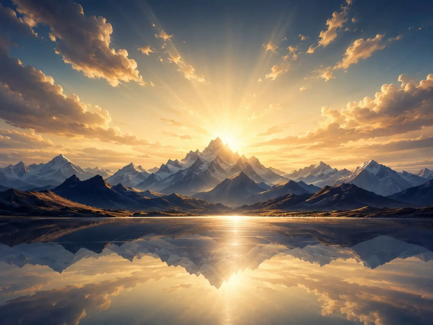   Golden sunrise over mountain peaks reflected in a calm lake.