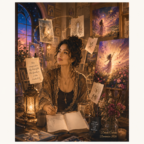 Mystical artist creating dream-inspired artwork in a warmly lit studio”