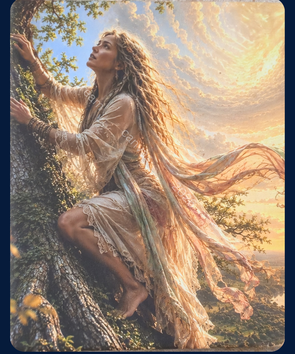 A woman in flowing sheer beige and pale green garments climbs a large tree trunk outdoors, with long hair blowing in the wind and a dramatic golden sky behind her.