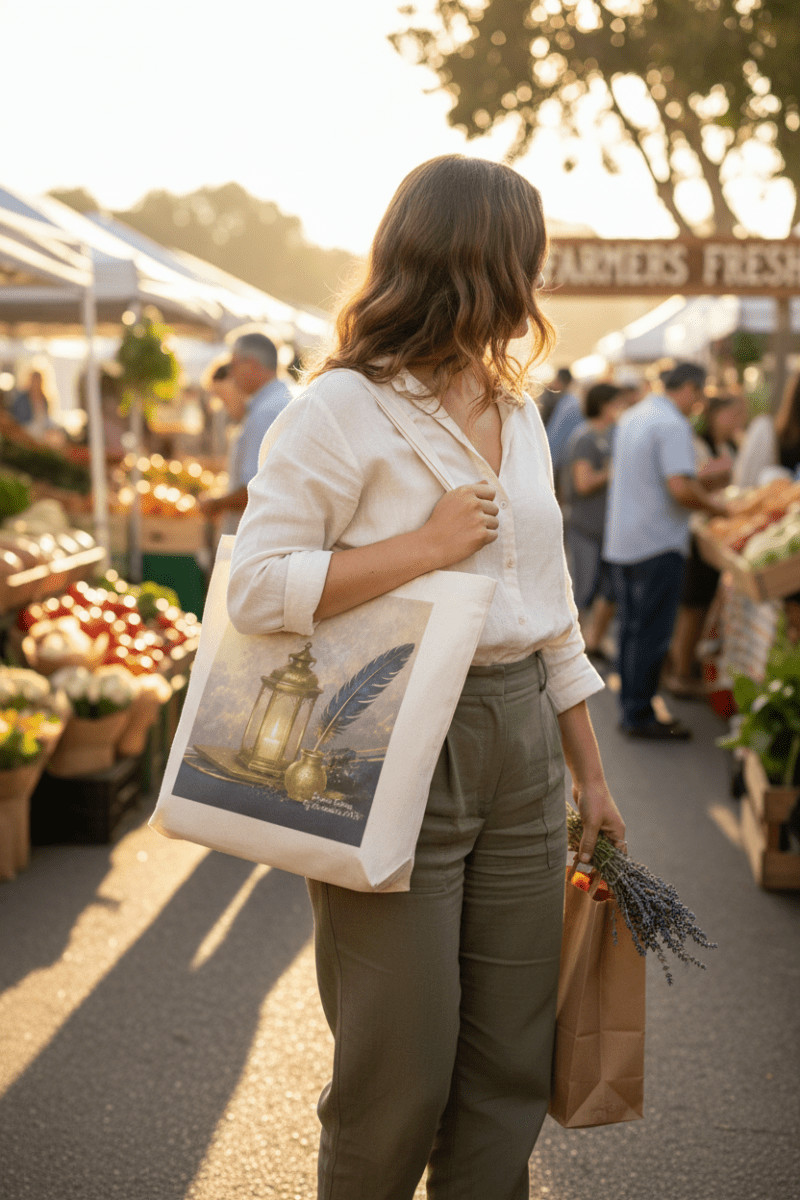 Cotton tote bag with Lantern and Quill art print carried at a farmers market