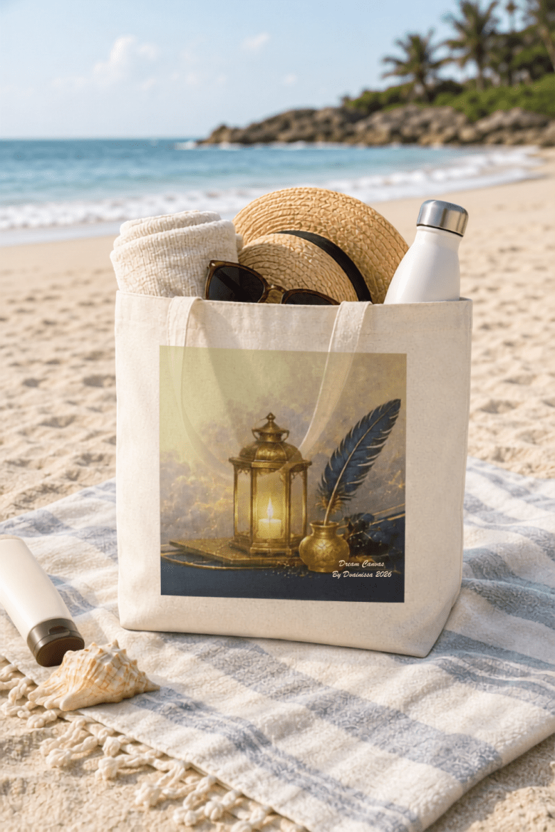 A canvas beach tote bag printed with a vintage lantern and feather quill illustration, filled with a straw hat, sunglasses, a towel, and a bottle, set on a striped beach towel at the beach.