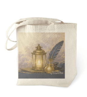 A beige canvas tote bag featuring a printed vintage-style illustration of a glowing lantern, a quill feather, and a small gold ink bottle on a soft blue-gray background.