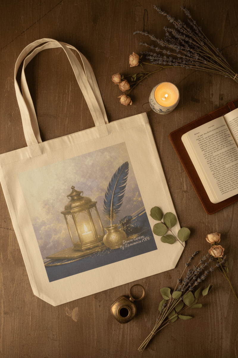Cotton tote bag with Lantern and Quill art print in a flat lay desk scene with journal and candle