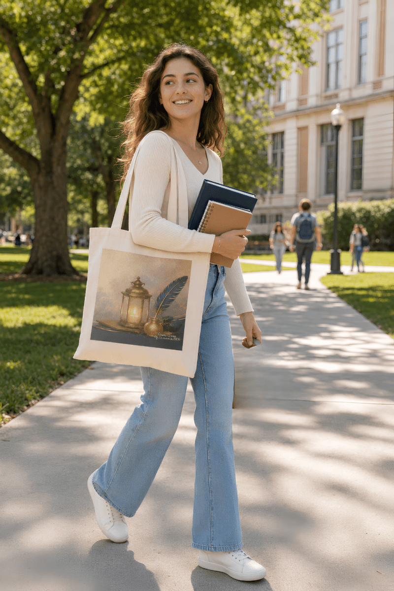 A woman walking on a sunny campus path carrying a cream canvas tote bag with a vintage-style illustration of a lantern and feather quill, along with notebooks and light blue jeans.