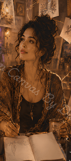 A woman with dark curly hair sits at a table in a warmly lit room, holding a pen over an open sketchbook. She wears a brown patterned cardigan over a black top and has jewelry and framed art around her.