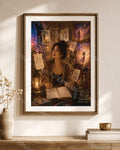 A framed art print featuring a fantasy illustration of a woman surrounded by magical notes and glowing lanterns, displayed on a wall above a wooden console table with a vase and books.