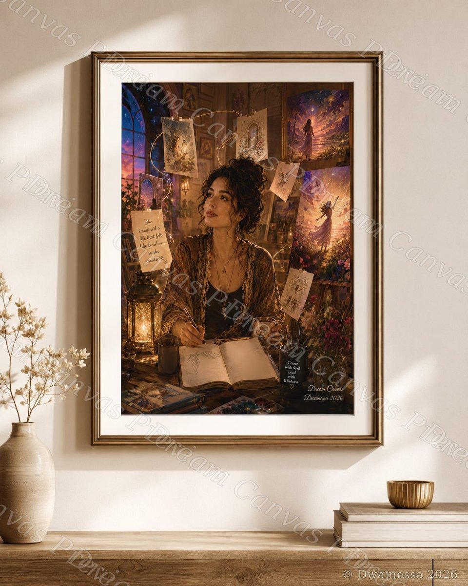 A framed art print featuring a fantasy illustration of a woman surrounded by magical notes and glowing lanterns, displayed on a wall above a wooden console table with a vase and books.