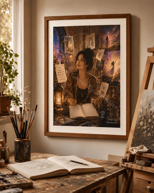 A framed art print featuring a fantasy illustration of a woman surrounded by magical notes and glowing books, displayed on a wall in a cozy artist's studio with an easel, sketchbook, and paintbrushes.