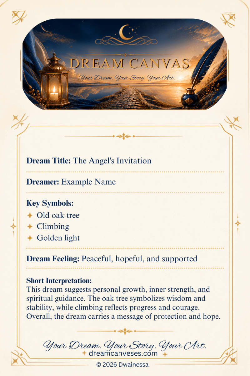 A digital template for a dream journal page titled 'Dream Canvas' with a decorative header showing a dream interpretation scene. The page has a cream background with gold borders and fields to record the dream title, dreamer's name, key symbols, dream feeling, and a short interpretation.