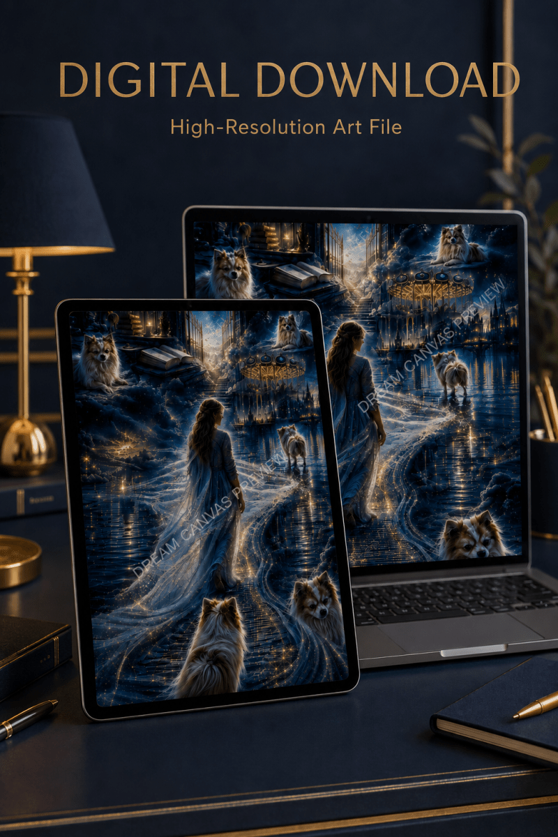Digital download art file displayed on a laptop and tablet screen, featuring a dark fantasy scene with a woman walking through flowing water with dogs. The image includes the text 'DIGITAL DOWNLOAD High-Resolution Art File' at the top, set in a styled dark office environment with a lamp and desk accessories.