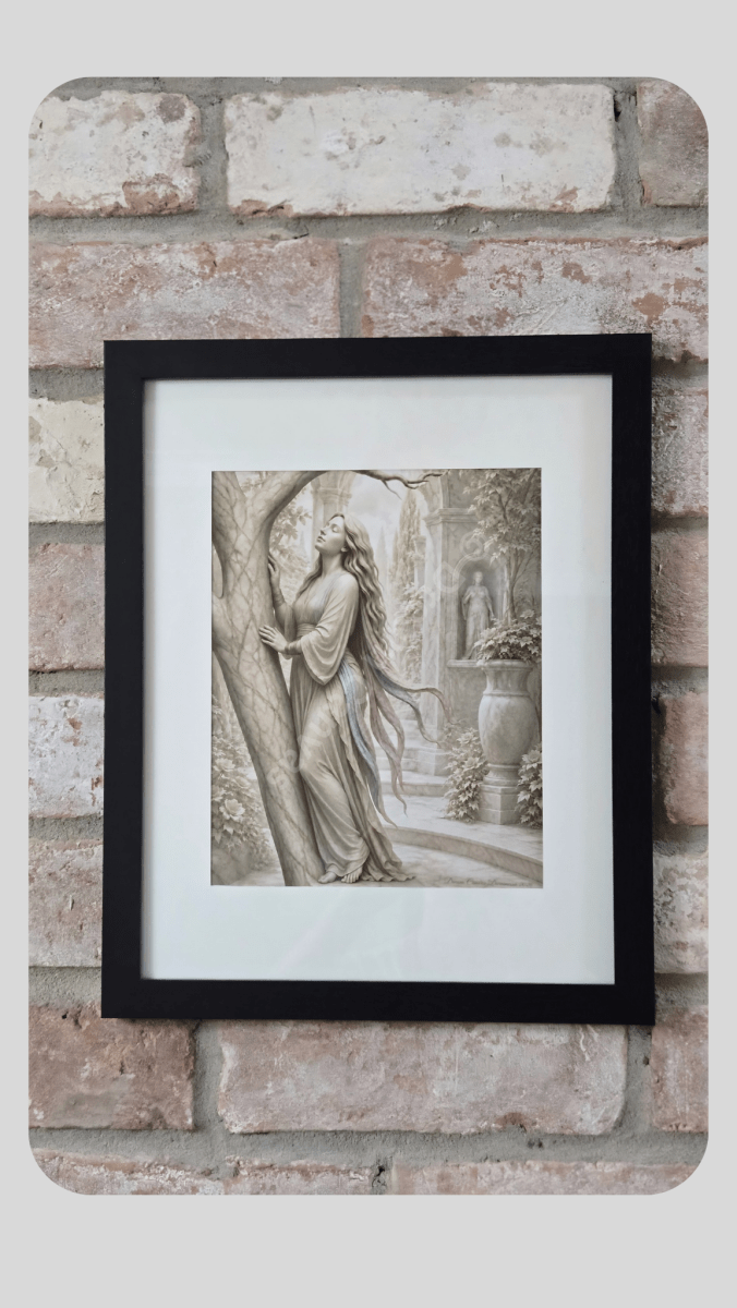 Whispers in the Marble Garden dream-inspired fine art print in black frame on brick wall — Dream Canvas
