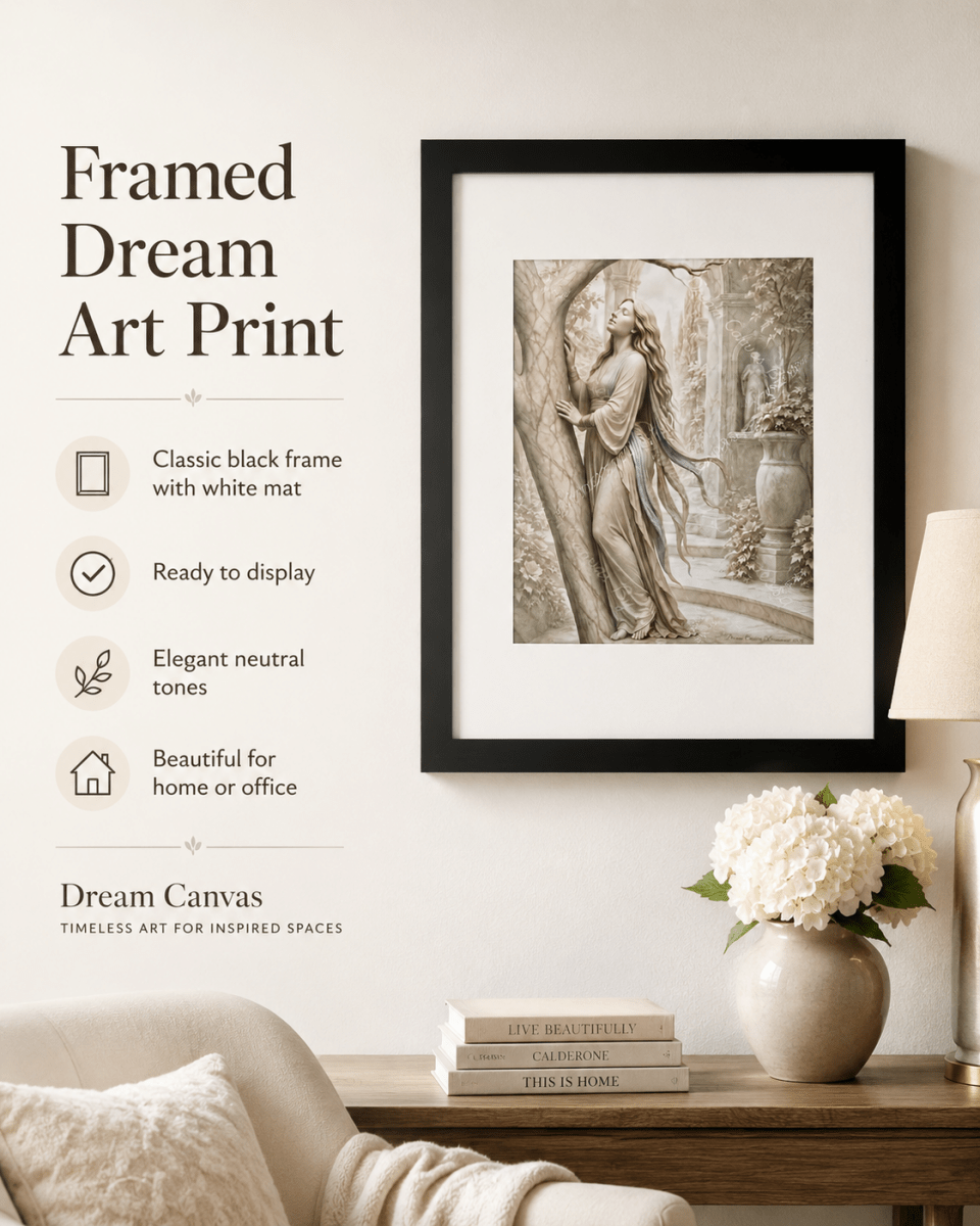 Framed Dream Canvas art print — Whispers in the Marble Garden, classic black frame with white mat, ready to display