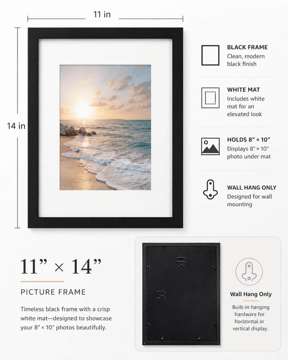 11x14 black picture frame with white mat — holds 8x10 print, wall hang only, included with Dream Canvas gallery print