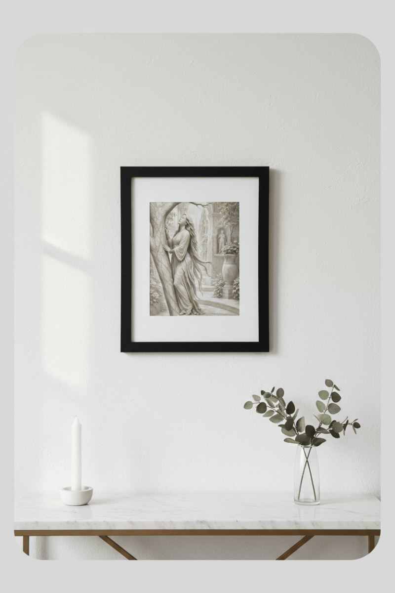 Whispers in the Marble Garden framed print displayed on a white wall above a marble console table with candle and eucalyptus