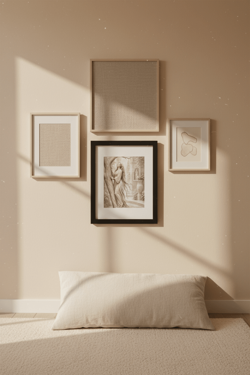 Whispers in the Marble Garden framed print on a bedroom gallery wall with soft morning light