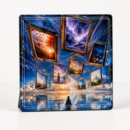 A square decorative plaque or coaster featuring a surreal cosmic art print with floating framed paintings, a glowing path, and a small figure beneath, shown on a plain light background.