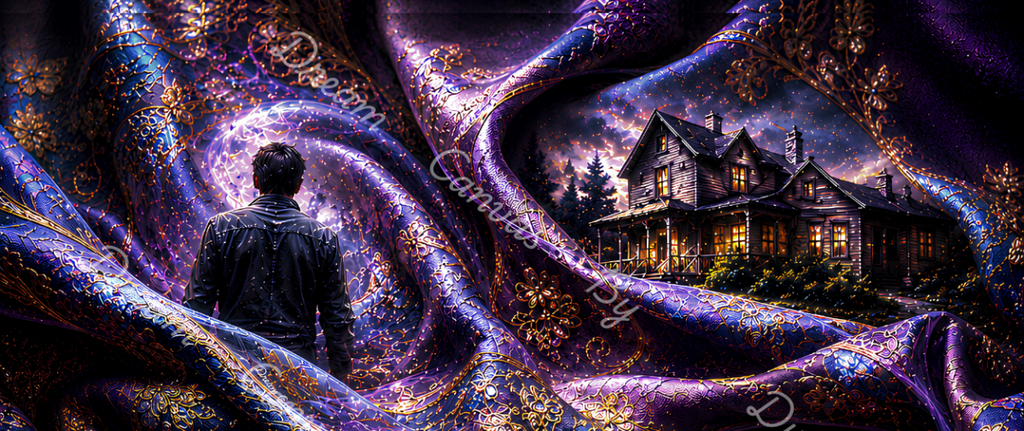 A dark fantasy artwork showing a man in a black jacket standing before a glowing purple and gold house, surrounded by swirling magical tree-like forms. The scene appears digitally created or heavily edited, with visible watermark text across the image.
