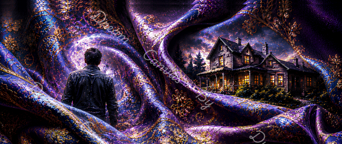 A dark fantasy artwork showing a man in a black jacket standing before a glowing purple and gold house, surrounded by swirling magical tree-like forms. The scene appears digitally created or heavily edited, with visible watermark text across the image.