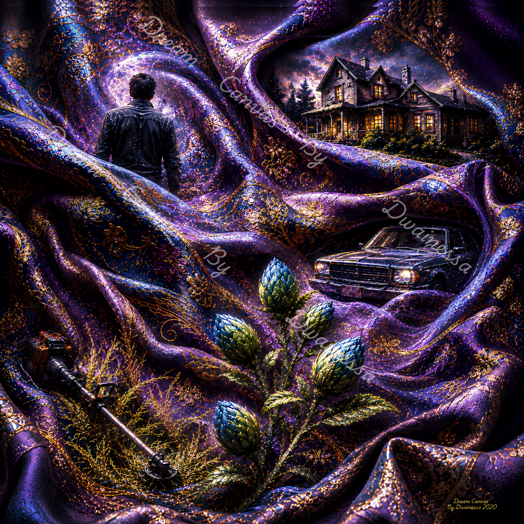 A surreal fantasy artwork showing a dark house at night, a vintage car, a person seen from behind, a revolver, and a plant with blue-green buds all draped under shimmering purple and gold fabric. The scene is highly stylized and dreamlike, with visible watermark text across the image.