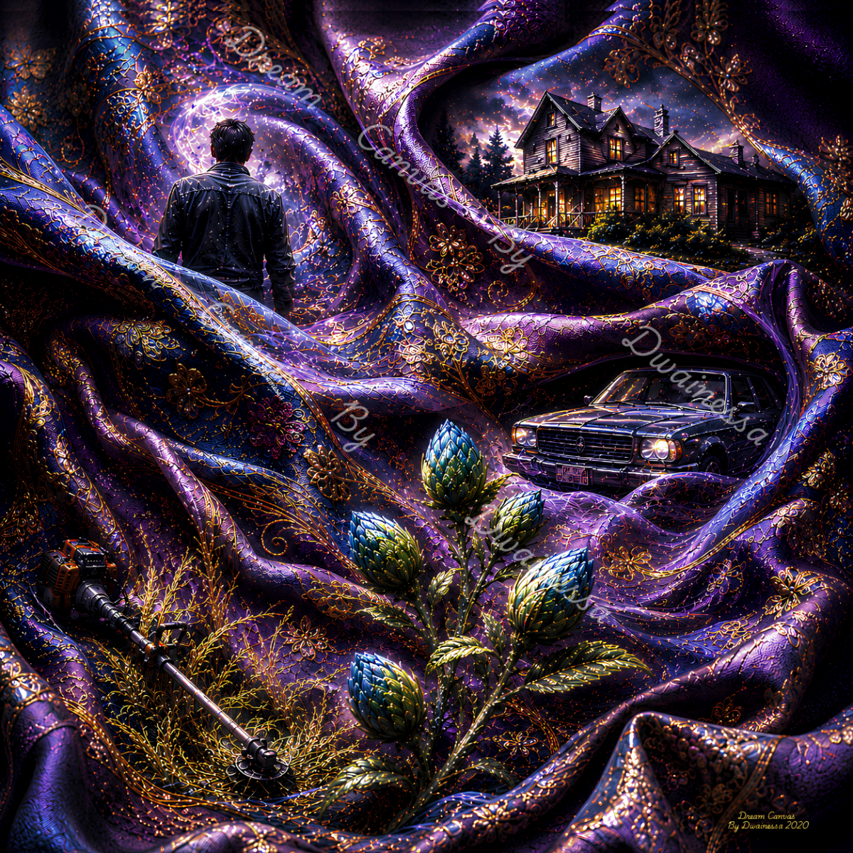 A surreal fantasy artwork showing a dark house at night, a vintage car, a person seen from behind, a revolver, and a plant with blue-green buds all draped under shimmering purple and gold fabric. The scene is highly stylized and dreamlike, with visible watermark text across the image.