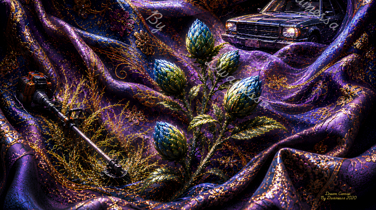 A stylized fantasy artwork showing a purple and gold draped fabric background with a central blue-green thistle-like plant, a black car in the upper right, and a sword on the left. The image has visible watermark text reading 'By Vanessa' and a small signature in the lower right.