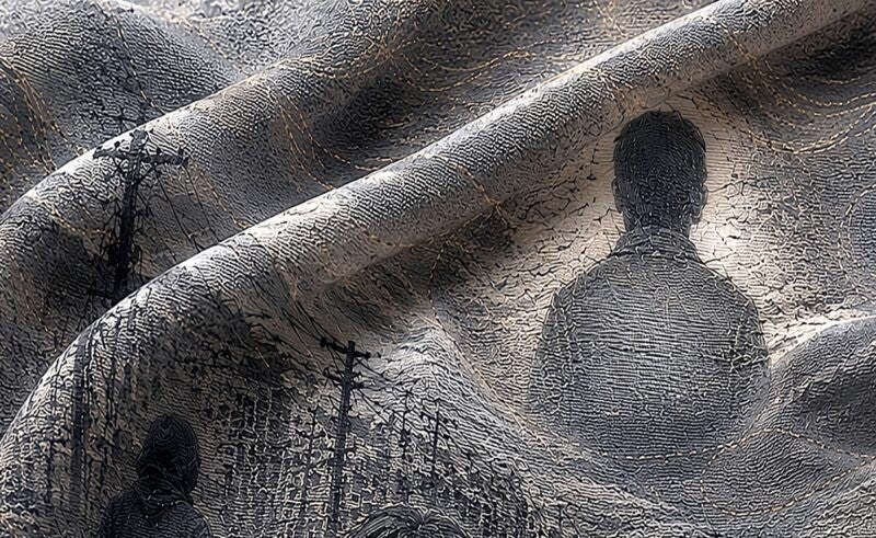 A dark, textured artwork depicting a large seated figure in profile with smaller silhouetted figures and utility poles against a heavily grunge, charcoal-like background.