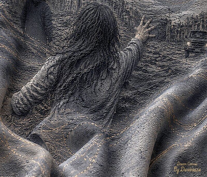 A dark, moody artwork showing a person with long dark hair seen from behind, reaching toward a small vehicle in a muddy, dramatic outdoor scene. The image has a painterly, textured style with heavy grayscale tones and a visible artist signature in the lower right corner.