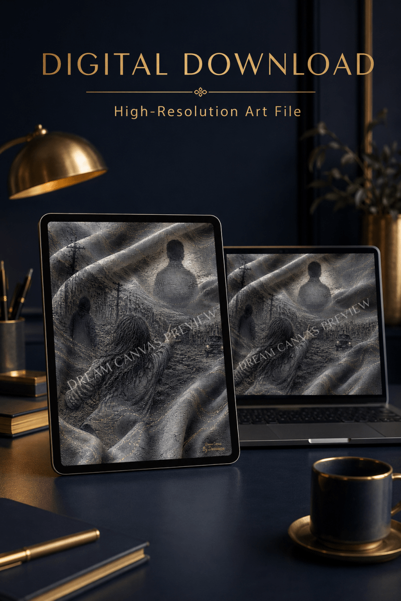 Digital download art file preview shown on a tablet and laptop screen, with the text 'DIGITAL DOWNLOAD High-Resolution Art File' at the top. The artwork features a dark moody scene with draped gray fabric design a silhouetted figure.